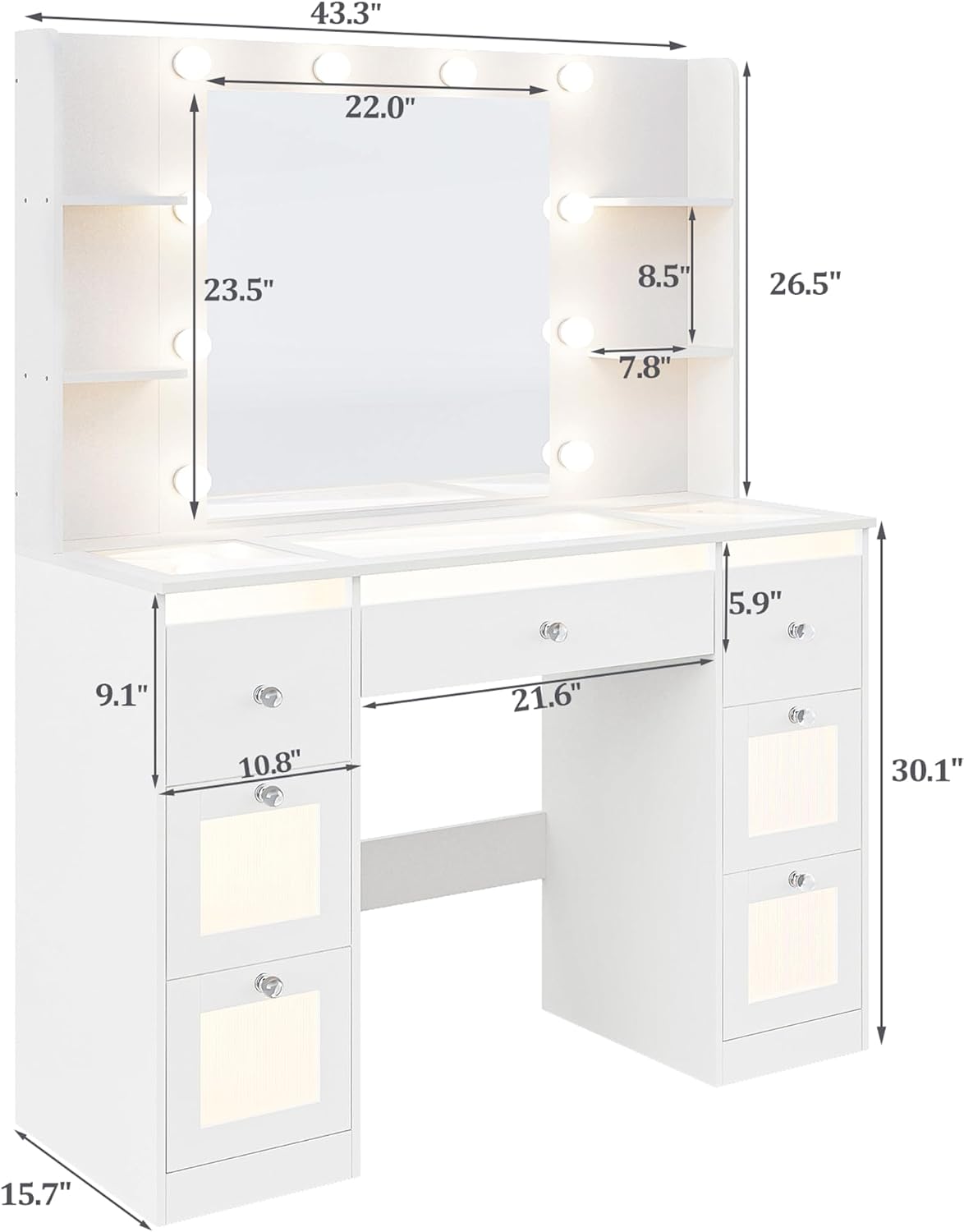 Makeup Vanity with 3-Color Lighted Mirror, Glass Top Makeup Desk with 7 Drawers, 4 Shelves, Built-in Power Outlet, Small Vanity Table for Women & Girls, White