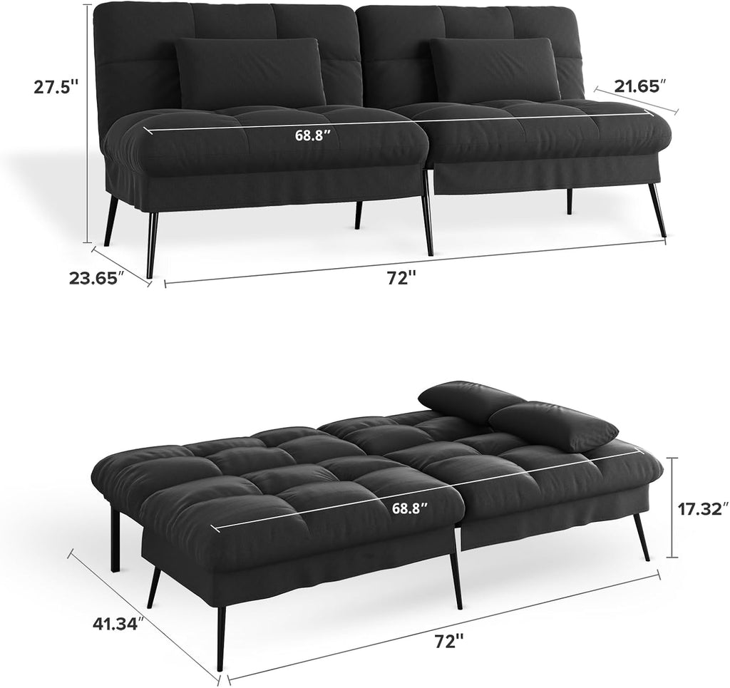 COMHOMA Convertible Sofa Bed,72″Fabric Couch with Adjustable Backrest,Loveseat Recliner Sleeper Living Room Furniture futon Set (Black)