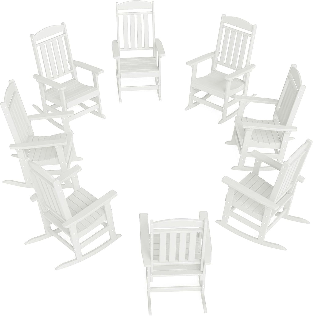 FOOWIN Outdoor Rocking Chair Set of 8, High Back Patio Rocking Chair, HDPE All Weather Resistant Porch Rocker for Adult, Oversized Rocking Chairs for Garden, Lawn, Indoor & Outdoor Use, White