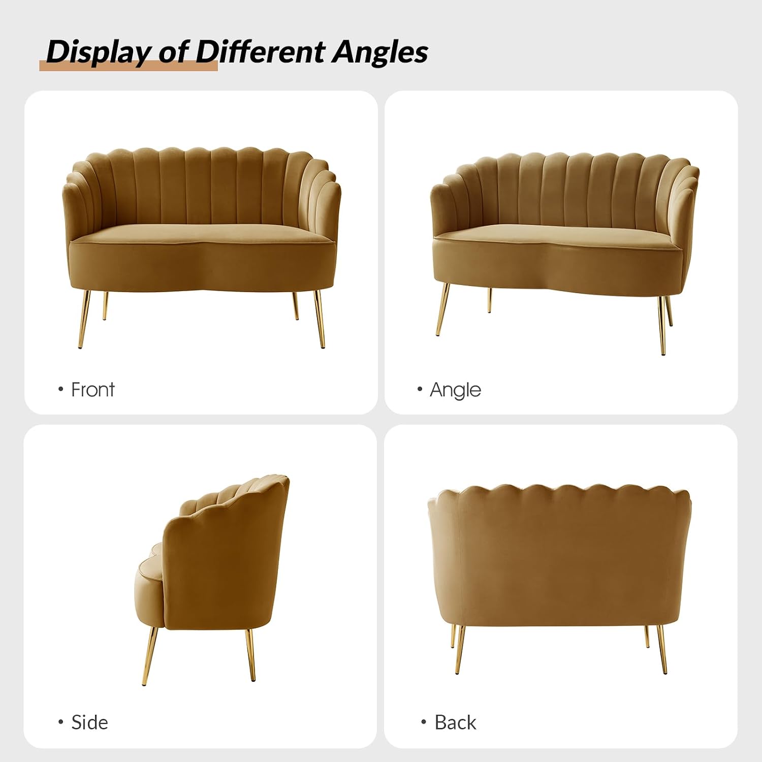 HULALA HOME Modern Velvet Loveseat Sofa with Flower Shaped Back, Comfy Upholstered 2-Seater Sofa with Gold Metal Legs, Small Love Seat Accent Couch for Living Bedroom Leisure Areas, Golden