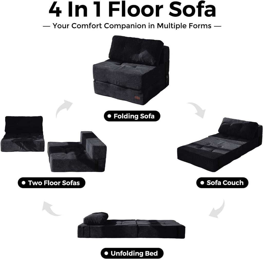 MAXYOYO Folding Sofa Bed, Convertible Sofa Bed with High-Density Support Foam, Portable 4 in 1 Fold Out Chair to Floor Lounger, Versatile Floor Couch for Living Room Bedroom, Black