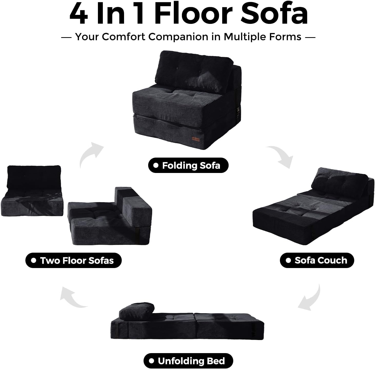 MAXYOYO Folding Sofa Bed, Convertible Sofa Bed with High-Density Support Foam, Portable 4 in 1 Fold Out Chair to Floor Lounger, Versatile Floor Couch for Living Room Bedroom, Black