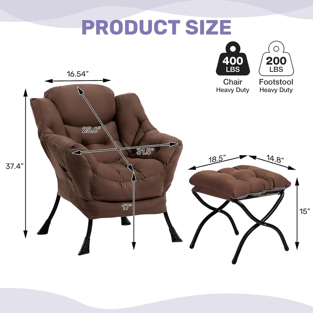 HollyHOME Lazy Chair with Foldable Ottoman, Accent Comfy Lounge Armchair and Folding Footrest Stool, Leisure Sofa Reading Chair and Footstool for Living Room, Bedroom, Dorm,Coffee Brown