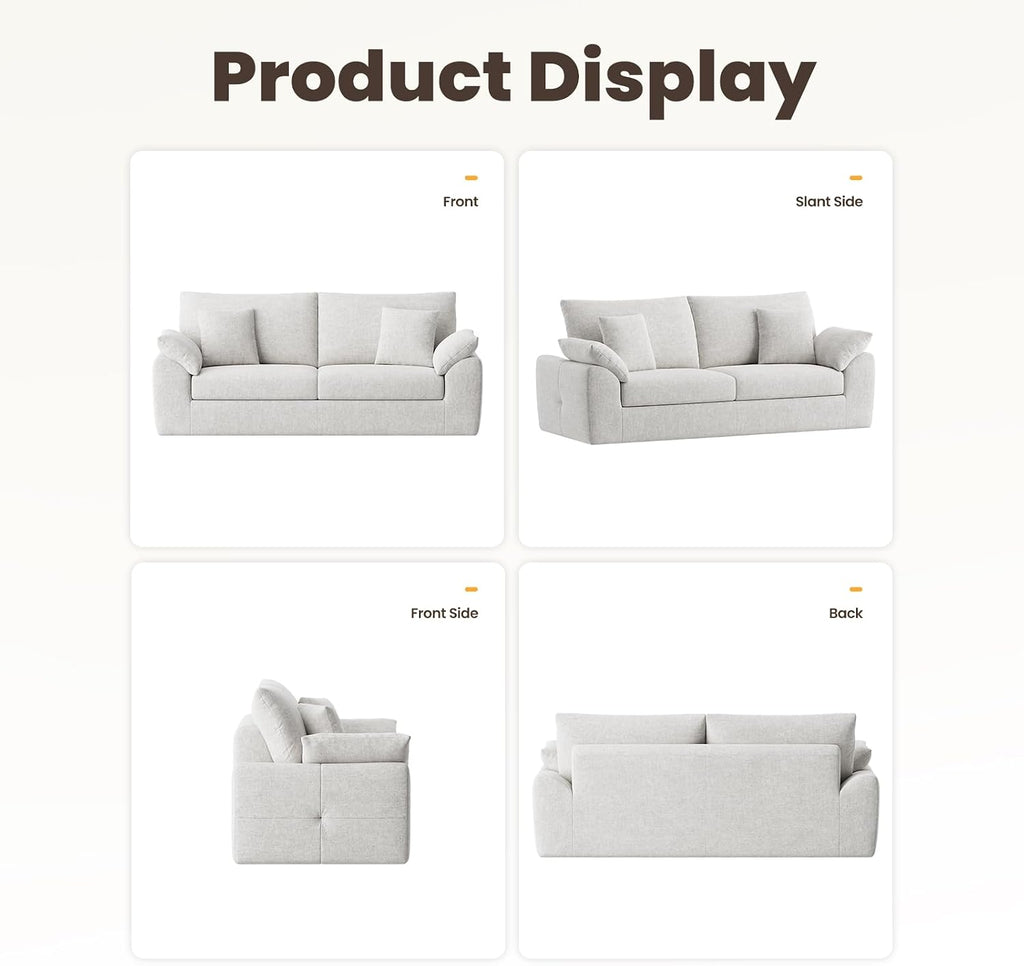 MALOL 90' Boneless Loveseat Sofa, Cloud Foam Couch, 3 Seater Upholstered Midcentury Mondern Love Seat, Wide Armrest and 4 Pillows for Home Living Room/Small Spaces, No Assembly Required, Beige