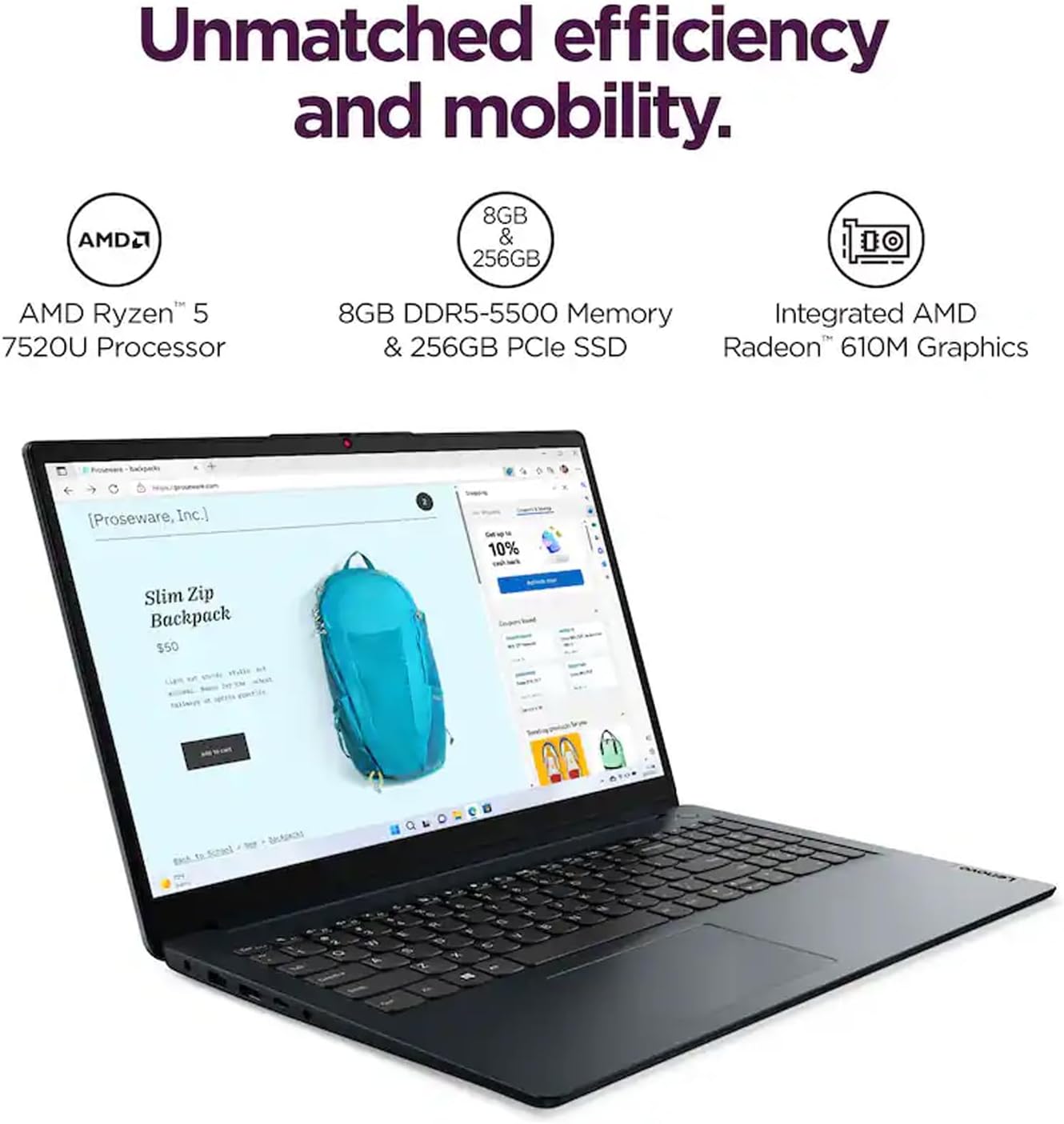 Lenovo IdeaPad 15.6' Laptop, FHD (1920x1080) TN 220nits Anti-Glare Display, AMD Ryzen 5 7520U, 8GB LPDDR5 RAM, 256GB SSD, AMD Radeon 610M Graphics, Windows 11 Home, Abyss Blue, EAT Wireless Earbuds