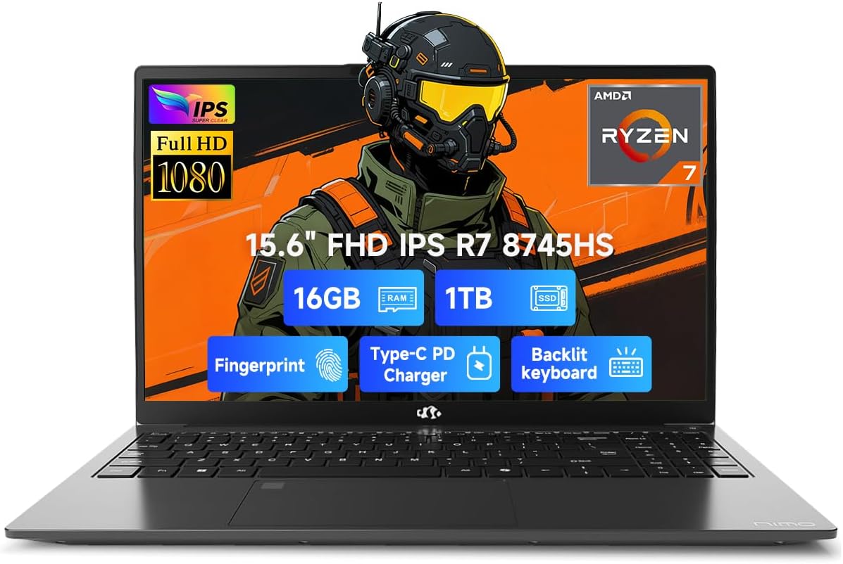 NIMO 15.6' IPS FHD-Gaming-Laptop, AMD Ryzen 7 8745HS 16GB DDR5 RAM 1TB SSD (8C/16T, up to 4.9GHz) Radeon 780M Graphics Business Computer with 100W Type-C Backlit Keyboard, Fingerprint USB-C 4.0