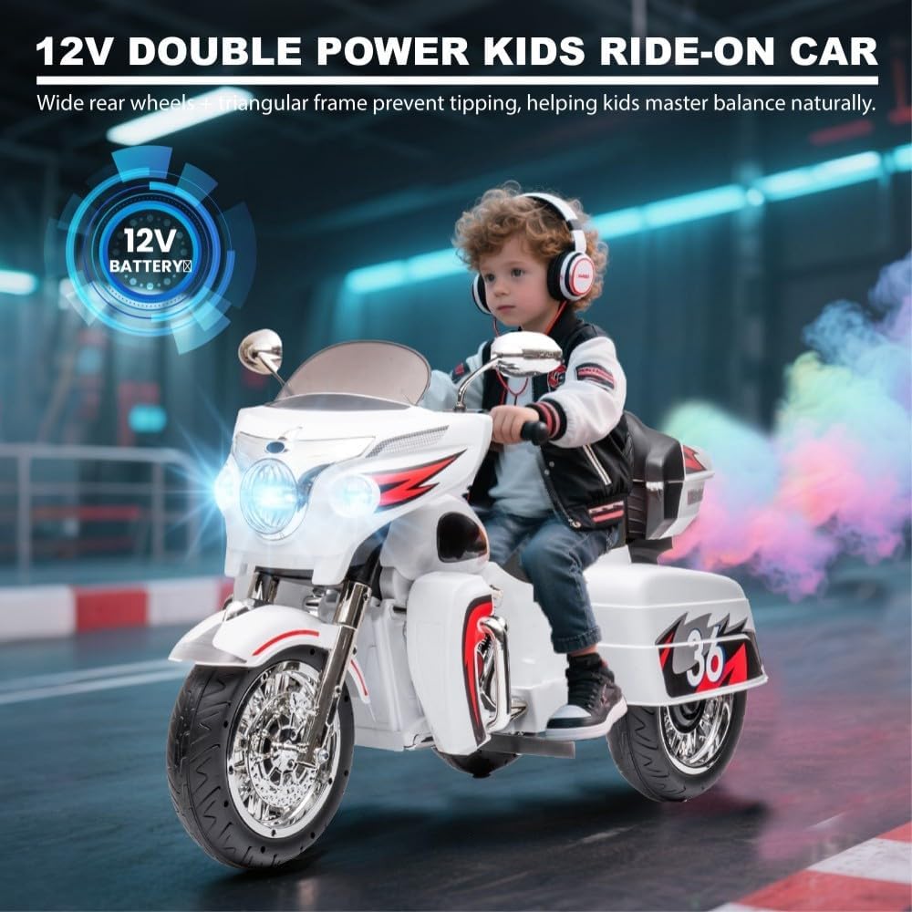 Kids Motorcycle | 12V Electric Motorcycle for Kids Ages 3-8 | 2-Seat, 3-Wheel Toy Car with Bluetooth, LED Lights | Safe Toy Vehicle Gift (White)