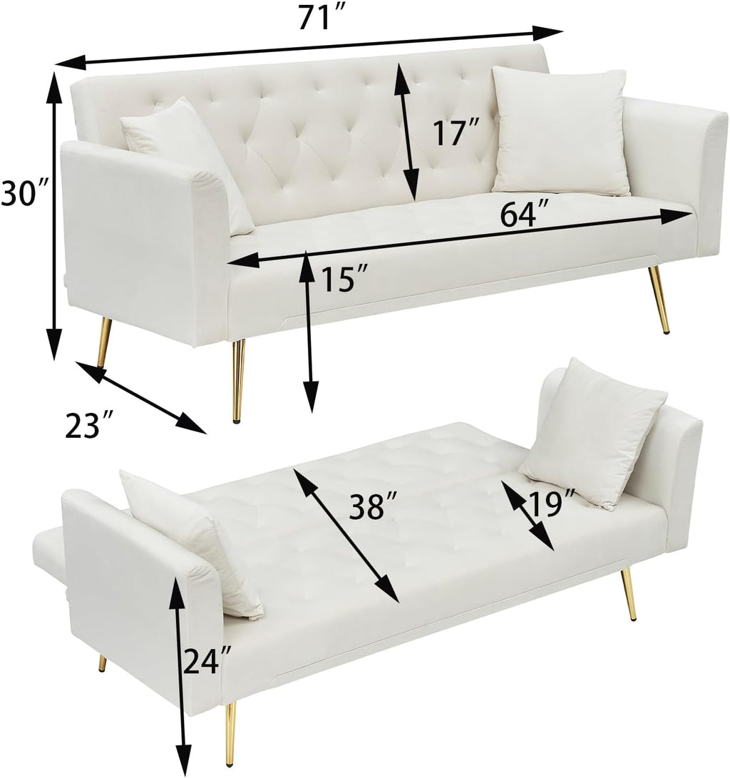 71' Modern Velvet Sofa Bed Futon, Convertible Sleeper Couch with Adjustable Backrest, Tufted Recliner Loveseat with Golden Chrome Legs & 2 Pillows for Small Spaces, Living Room, Apartment (Beige)