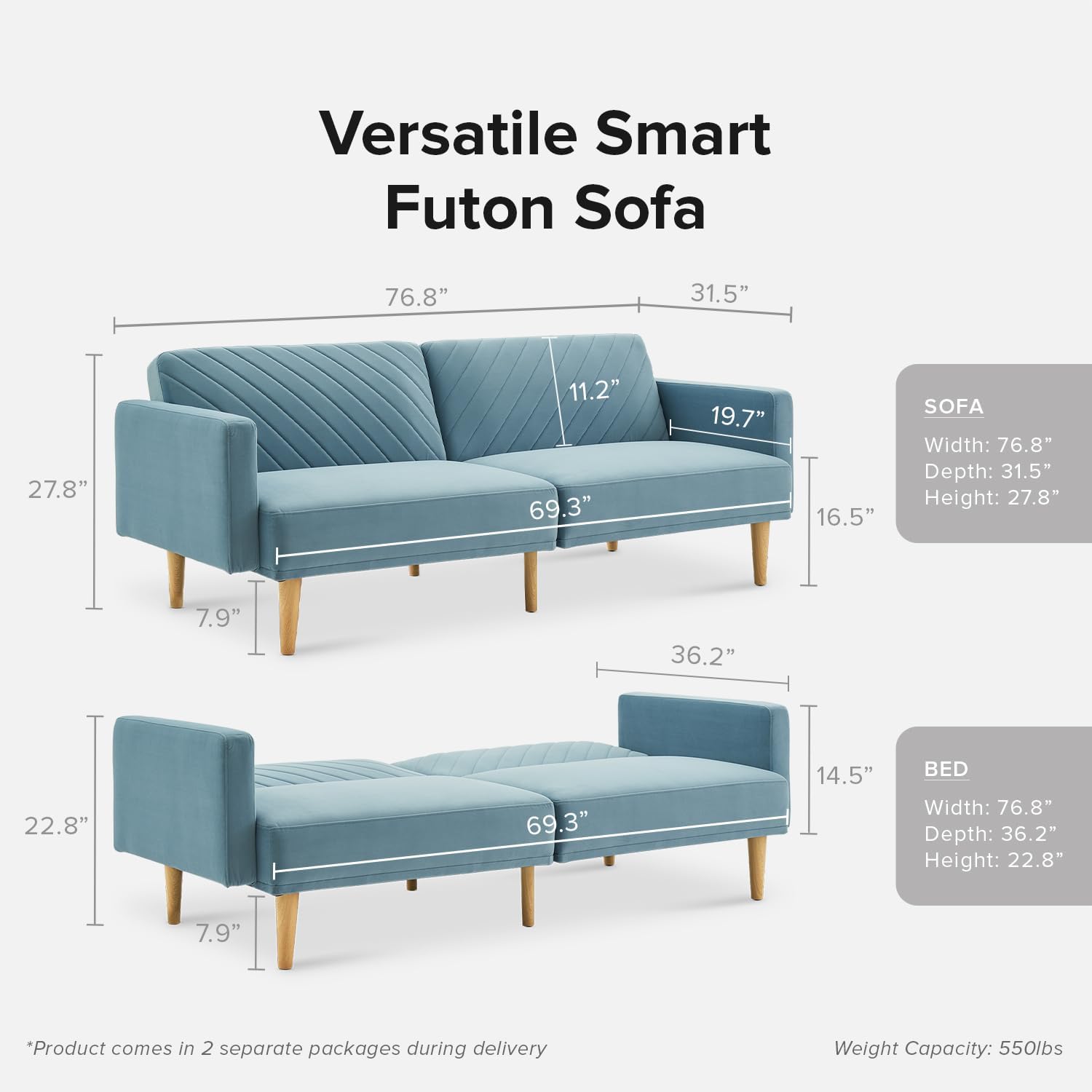 mopio 76.4' Futon Sofa Bed, Couch, Loveseat, Sleeper Sofa, Mid Century Modern Futon Couch, Sofa Cama, Couches for Living Room (Sky Blue Premium Velvet)