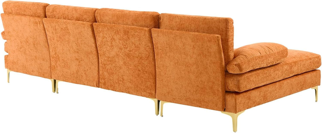 Karl home Convertible Sectional Sofa 110' U-Shape Sofa Couch 4-Seat Couch with Chaise ChenilleFabric Upholstered for Living Room, Apartment, Office, Orange
