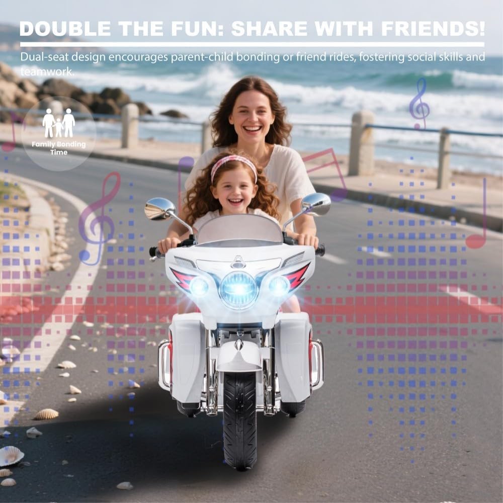 Kids Motorcycle | 12V Electric Motorcycle for Kids Ages 3-8 | 2-Seat, 3-Wheel Toy Car with Bluetooth, LED Lights | Safe Toy Vehicle Gift (White)