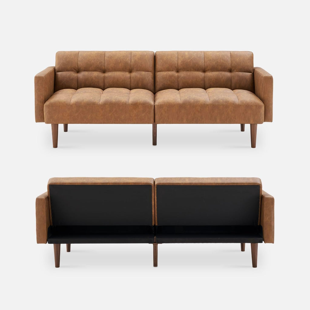 mopio 76.4' Futon Sofa Bed, Couch, Loveseat, Sleeper Sofa, Mid Century Modern Futon Couch, Sofa Cama, Couches for Living Room (Aaron PU, Pecan Brown)