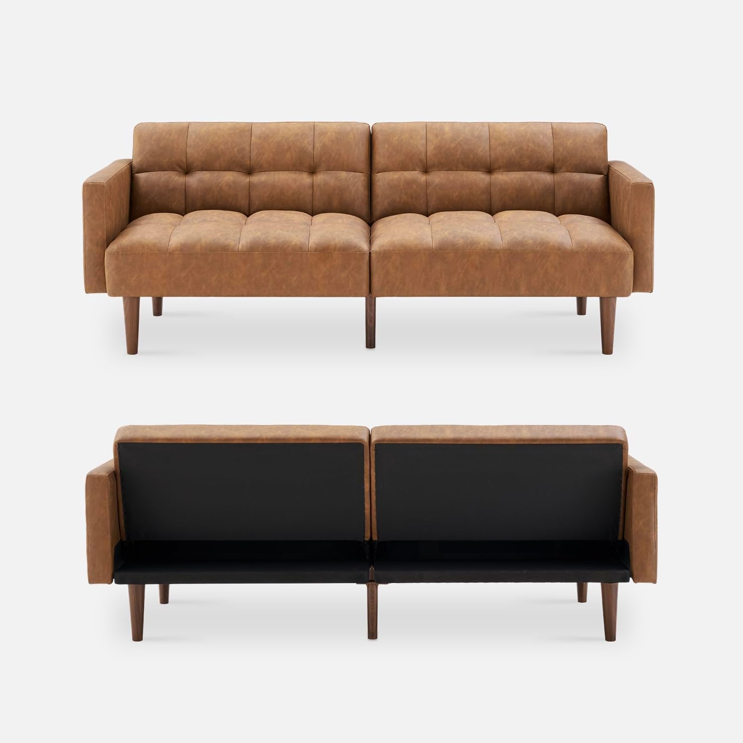 mopio 76.4' Futon Sofa Bed, Couch, Loveseat, Sleeper Sofa, Mid Century Modern Futon Couch, Sofa Cama, Couches for Living Room (Aaron PU, Pecan Brown)