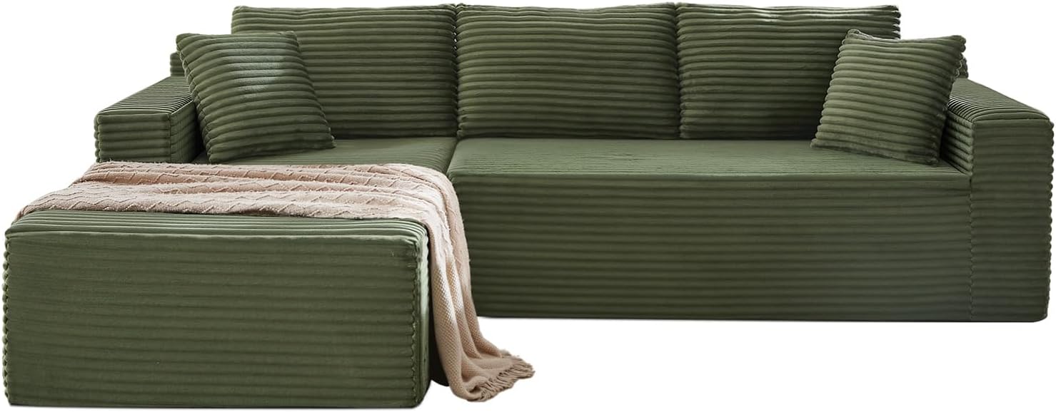 Cloud Sectional Couch,105 Inch Modern Modular Sectional Sofa with Deep Seat,Corduroy Boneless Couches with L-Shape Chaise for Living Room Bedroom,No Assembly Required (Green, Left Facing Chaise)