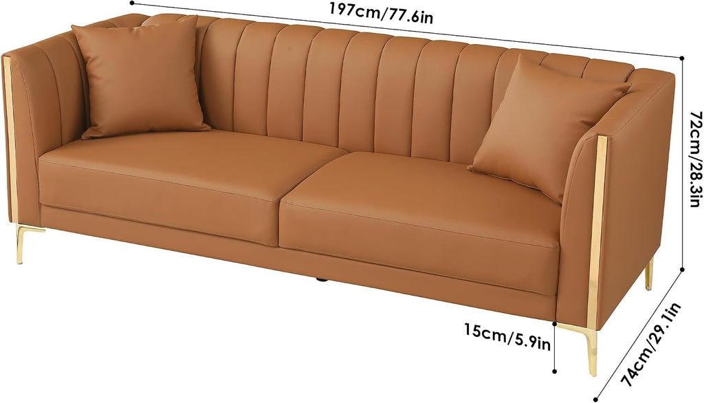 FOTOSOK Leather Couch Sofa, Office Couches 78'' Apartment Faux Leather Sofa with 2 Throw Pillows & Gold Metal Legs, Waterproof 3 Seater Couches for Small Living Room, Affordable Luxury Design