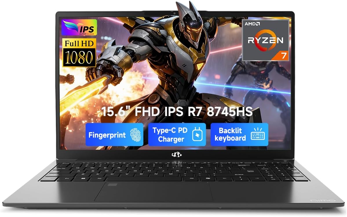 NIMO 15.6' IPS FHD-Gaming-Laptop, AMD Ryzen 7 8745HS 64GB DDR5 RAM 2TB SSD (Beat R9 6900HX, up to 4.9GHz) Radeon 780M GPU Business Computer with 100W Type-C Backlit Keyboard, Fingerprint USB-C 4.0