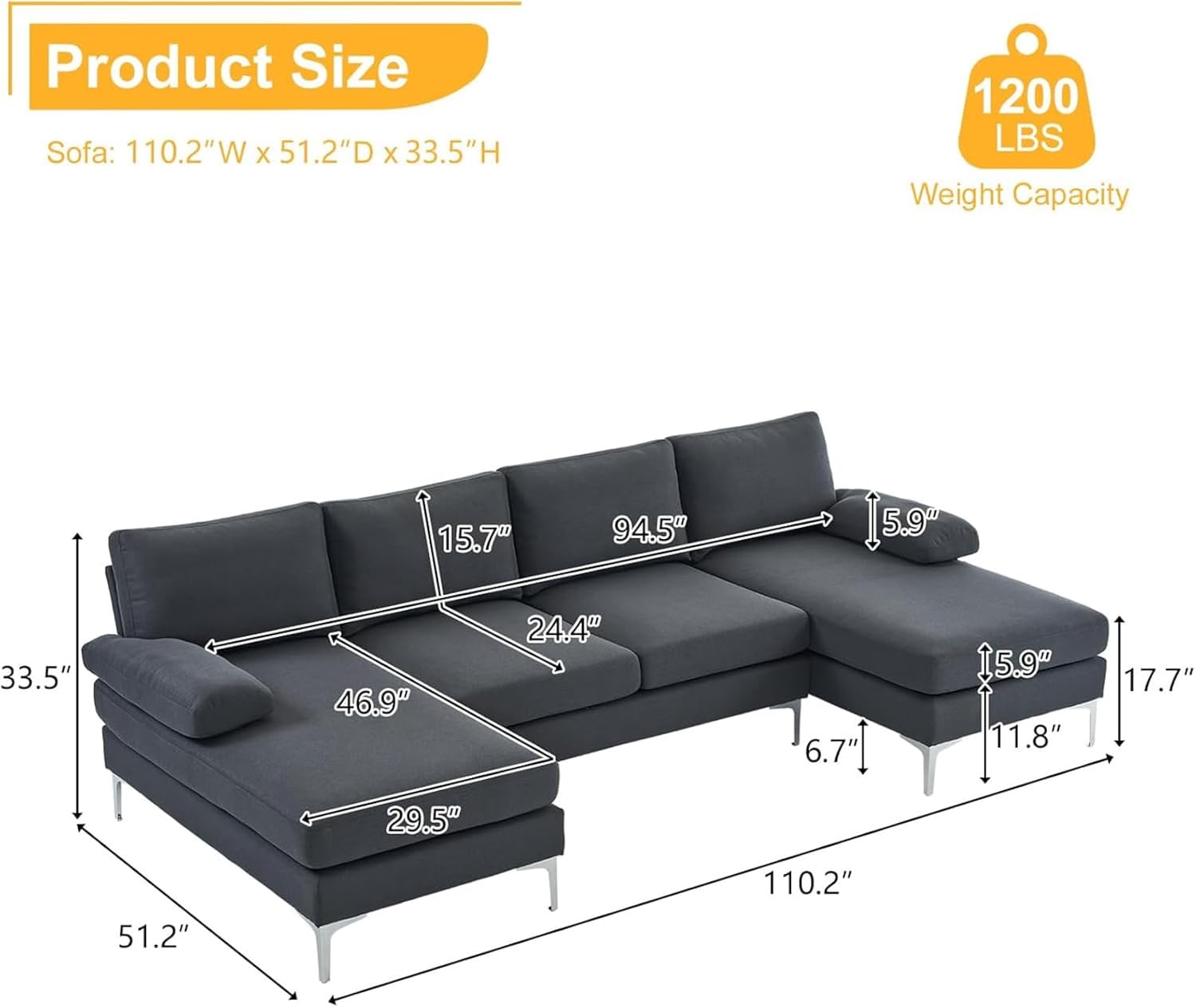 Karl home 110' Sectional Sofa U-Shaped 4-Seat Couch with Chaises Linen Fabric Upholstered for Living Room, Apartment, Office, Dark Gray