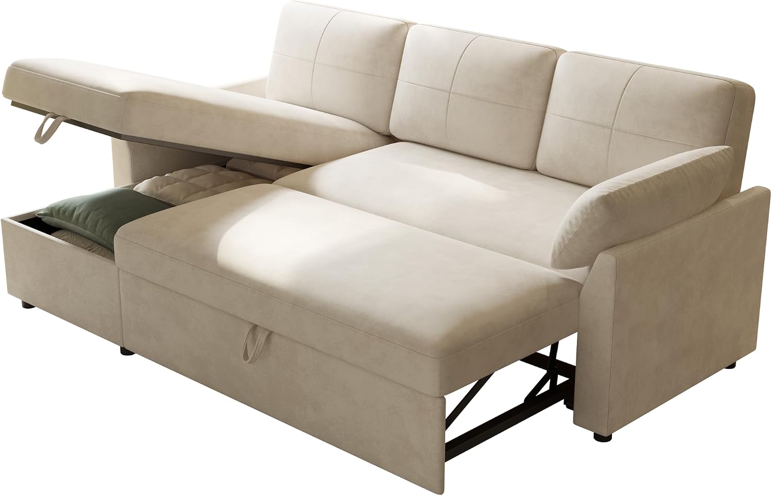 AMERLIFE Sofa Bed, 2-in-1 Sleeper Sofa with Storage Chaise, Pull Out Sofa Couch for Apartment Living Room, Linen Beige