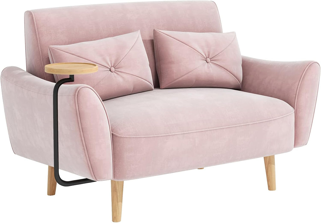 Brelice Loveseat Sofa, 47' Velvet Couch for Bedroom, Convertible Wooden Tray & Ergonomic Armrest, for Small Space, Apartment, Living Room, Home Office, Easy Assembly, Pink