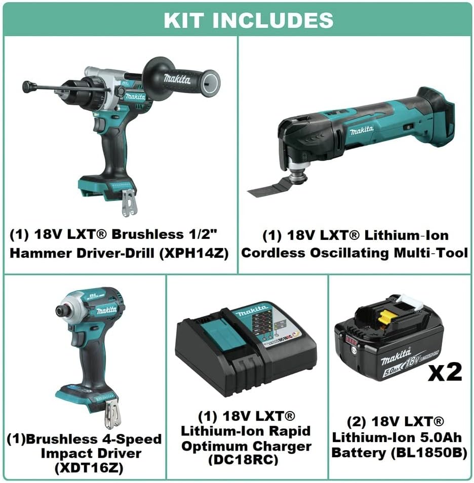 Makita XT288T-XMT03Z 18V LXT Brushed Oscillating Multi-Tool with Brushless 1/2 in. Hammer Drill Driver and 4-Speed Impact Driver Combo Kit with 2 Batteries Bundle (5 Ah)