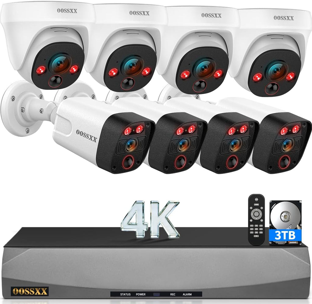 OOSSXX (2026 New) 4K PoE Security Camera System Wired, 8CH 4K NVR with 3TB HDD, 8 x 8MP Cameras (4 Bullet + 4 Dome), 130° Wide Angle, 2-Way Audio, AI Human & PIR Detection, No Monthly Fee