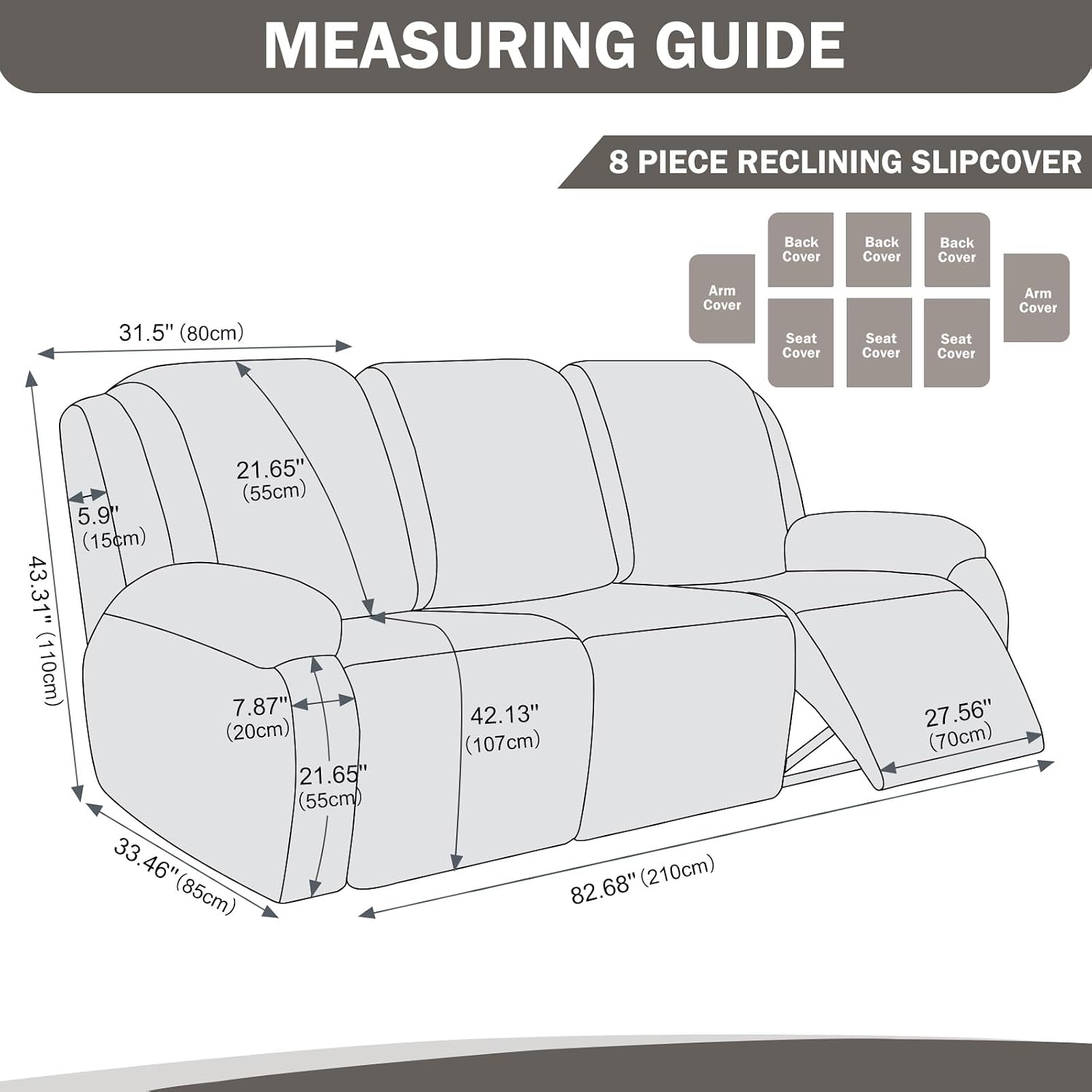vctops 8 Pieces Waterproof Faux PU Leather Recliner Sofa Covers Stretch Soft 3 Seats Couch Cover Anti-Slip Sofa Slipcover Furniture Protector with Elastic Bottom for Kids Pet(Grey Brown,3 Seat)