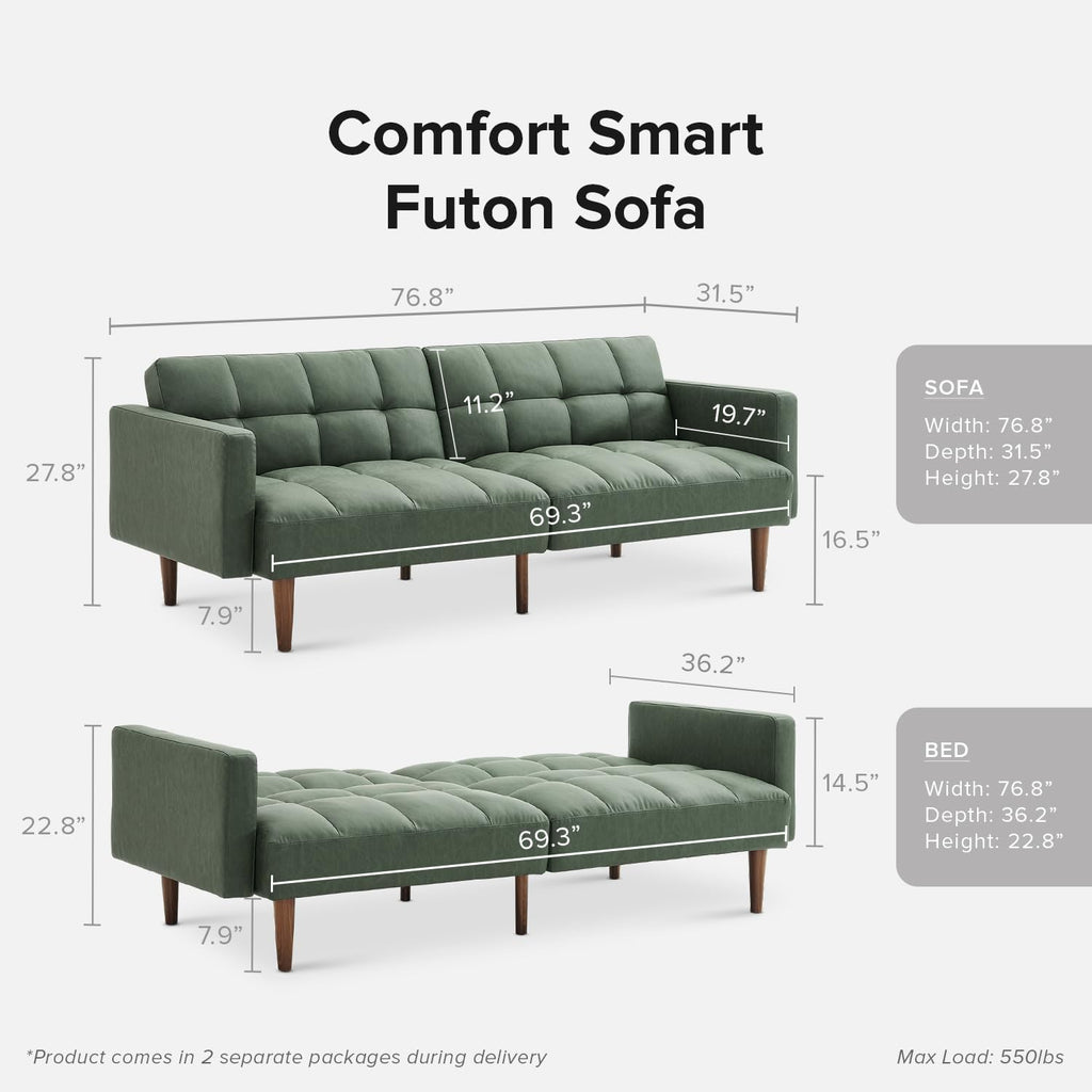 mopio 76.4' Futon Sofa Bed, Couch, Loveseat, Sleeper Sofa, Mid Century Modern Futon Couch, Sofa Cama, Couches for Living Room (Aaron PU, Sage Green)