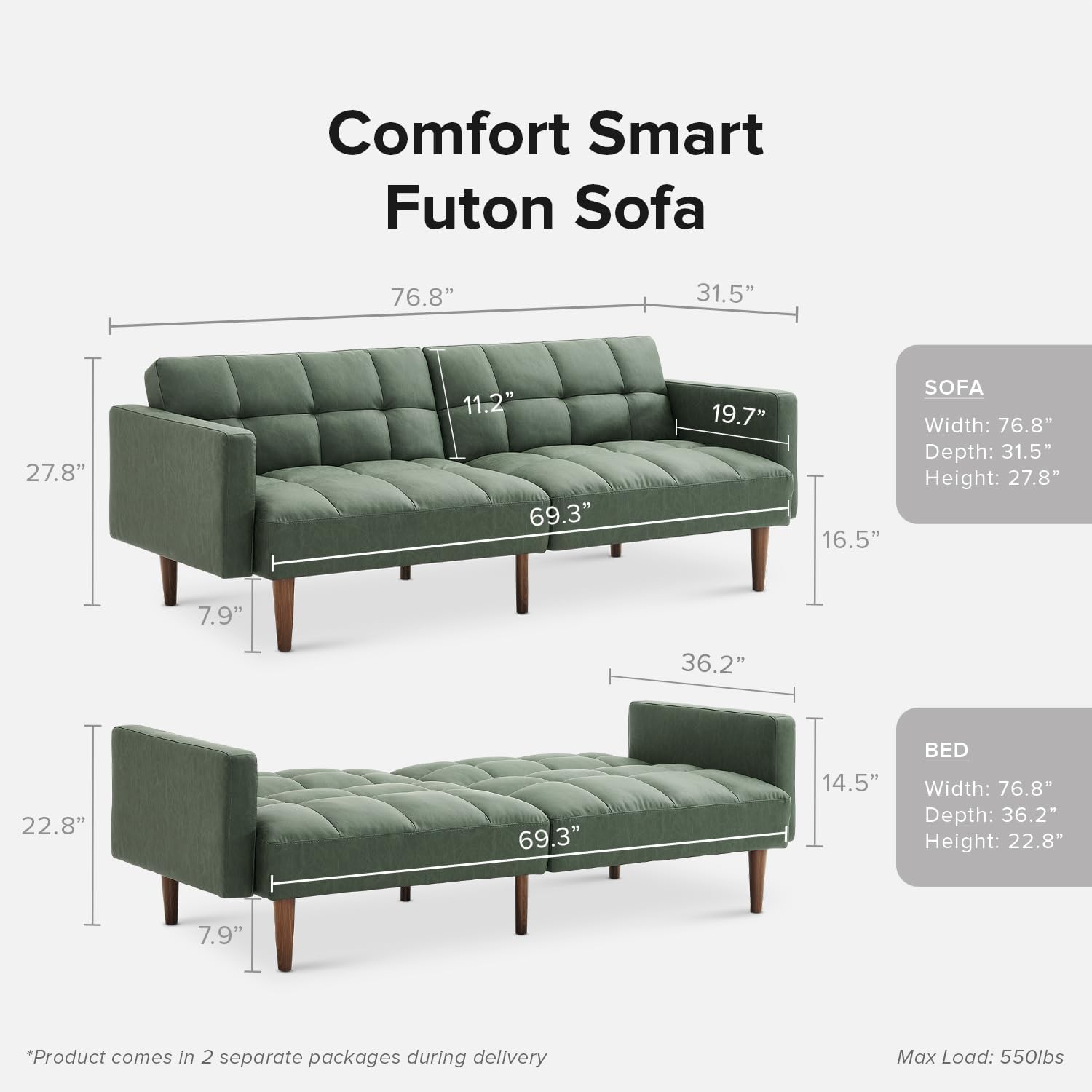 mopio 76.4' Futon Sofa Bed, Couch, Loveseat, Sleeper Sofa, Mid Century Modern Futon Couch, Sofa Cama, Couches for Living Room (Aaron PU, Sage Green)