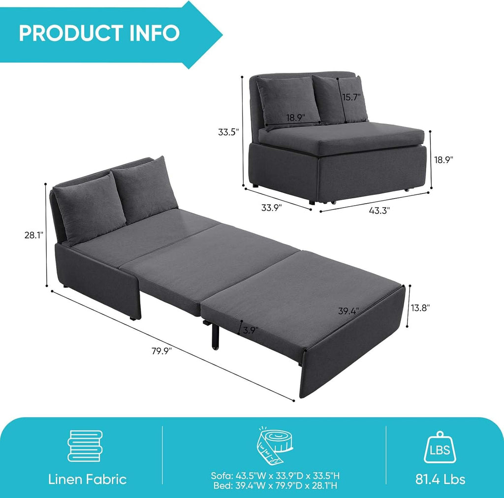 CECER 43.3' Twin Size Pull Out Sofa Bed, Pull Out Couch Bed with 2 Pillows, Linen Convertible Sleeper Sofa with Comfy Mattress, 2 in 1 Armless Loveseat Beds for Small Space-Dark Grey