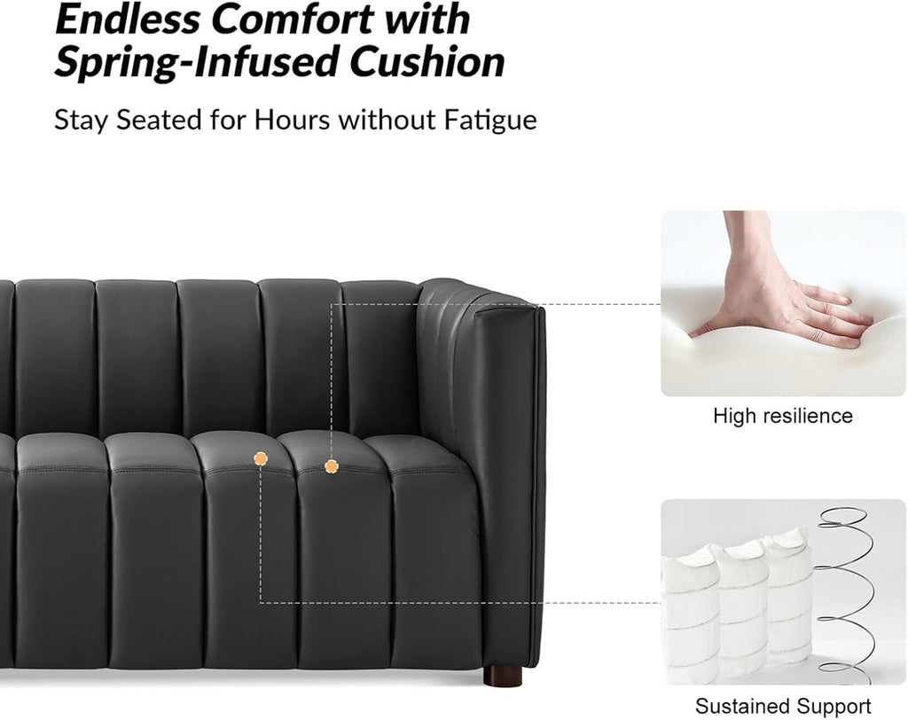 HULALA HOME 83' Genuine Leather Sofa with Channel Tufted Design, 3-Seater Sofa for Living Room Bedroom, Modern Oversized Couch with Wood Legs, Charcoal