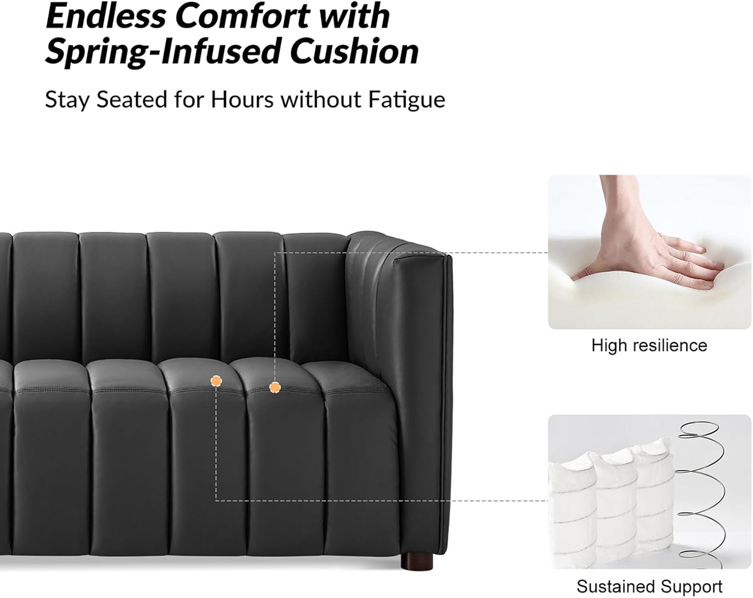 HULALA HOME 83' Genuine Leather Sofa with Channel Tufted Design, 3-Seater Sofa for Living Room Bedroom, Modern Oversized Couch with Wood Legs, Charcoal