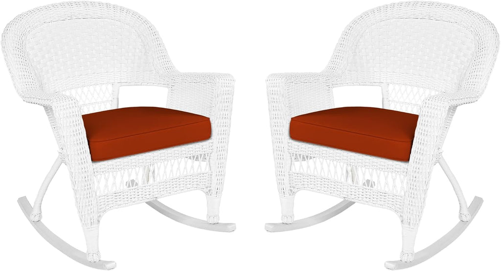Jeco Rocker Wicker Chair with Red Cushion, Set of 2, White