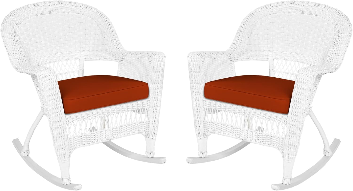 Jeco Rocker Wicker Chair with Red Cushion, Set of 2, White