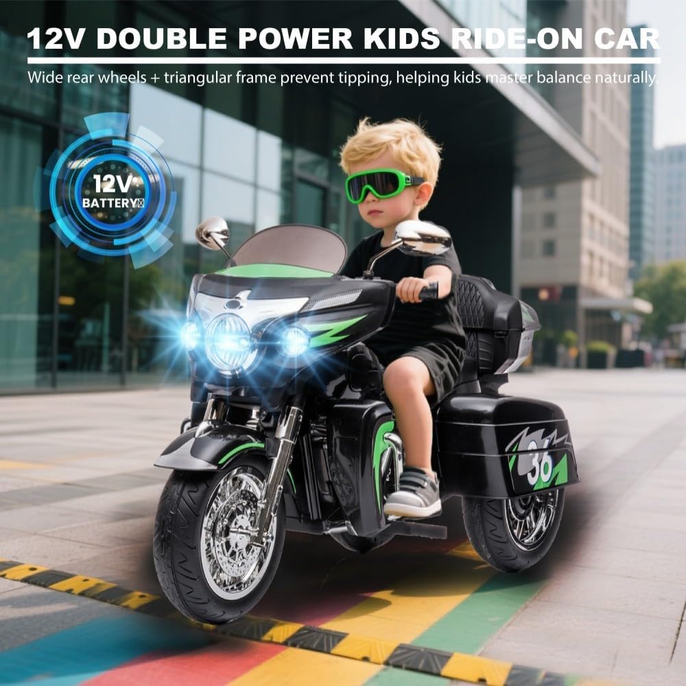 Kids Motorcycle | 12V Electric Motorcycle for Kids Ages 3-8 | 2-Seat, 3-Wheel Toy Car with Bluetooth, LED Lights | Safe Toy Vehicle Gift (Black)