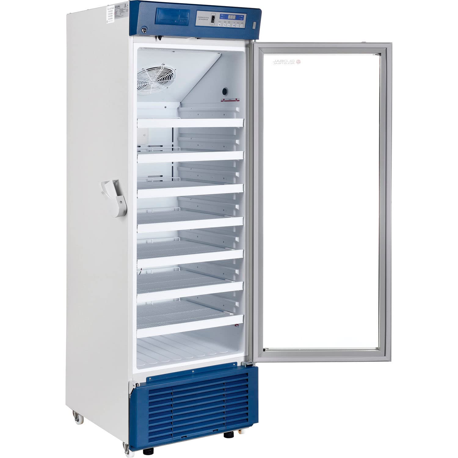 Global Industrial Upright Laboratory Refrigerator, Glass Door with Key Lock & Padlock Kit, 13.8 Cu.Ft. Capacity, 2°C to 8°C Temperature Range, 115V, Medical and Lab Use
