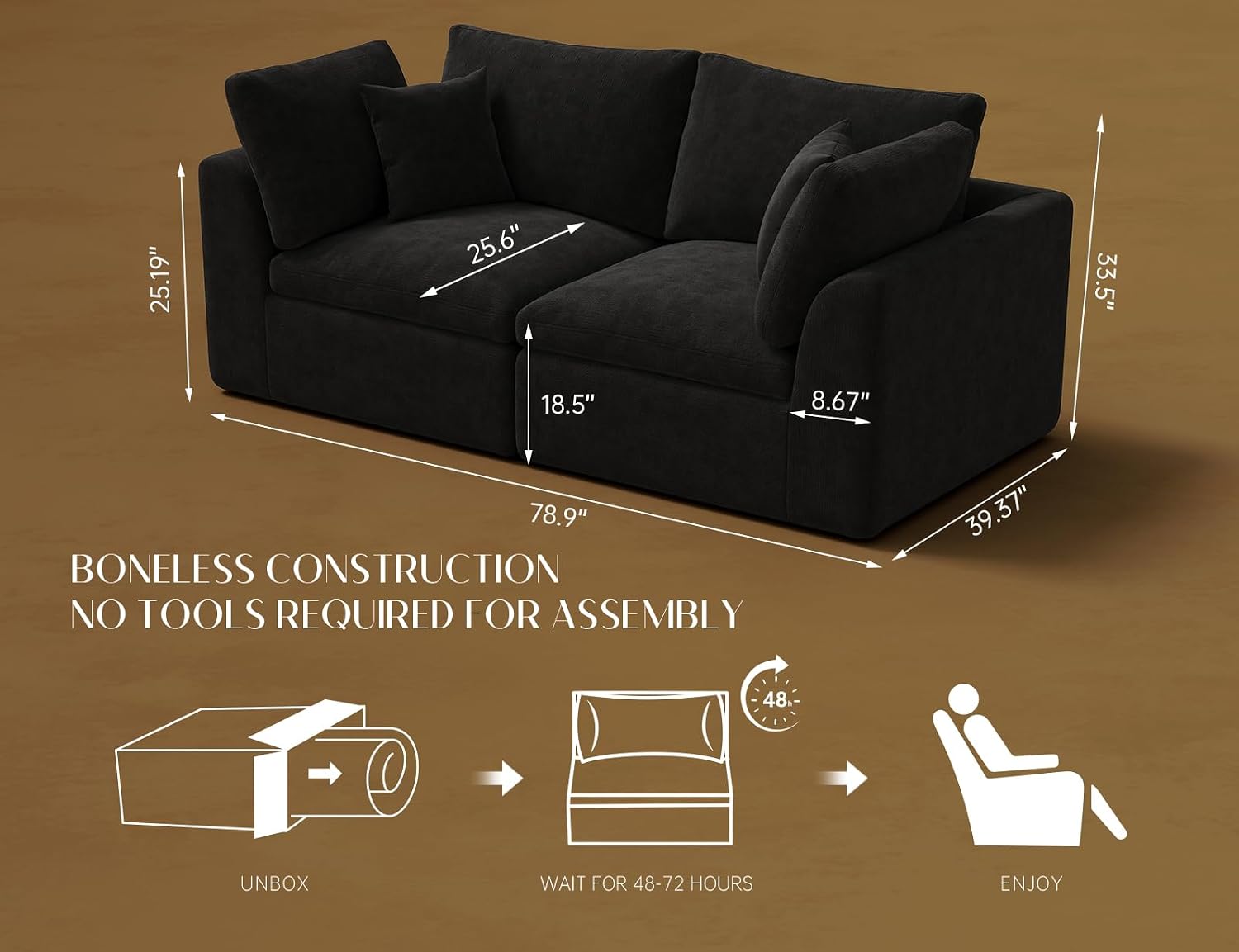 ohllob 78.9' Loveseat Sofa, Cloud Boneless Couches for Living Room, Modern Modular Sectional Sofa, Oversized, Black