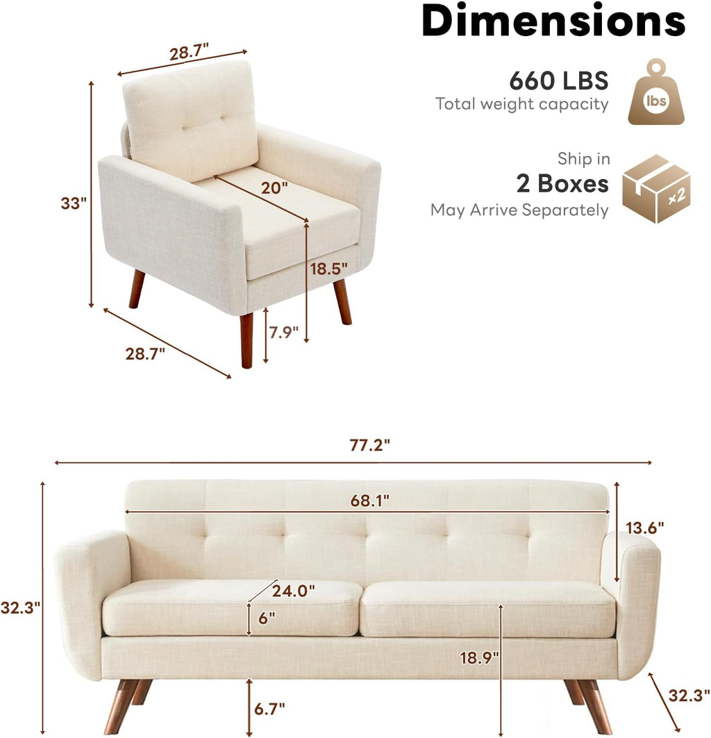 Tbfit Mid Century Modern Sofa Couch, Beige, Standard Sofa & Accent Chair