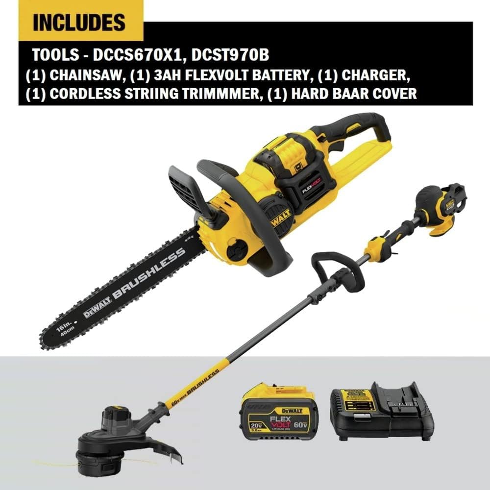 DEWALT FLEXVOLT 60V MAX* String Trimmer & Chainsaw Combo Kit, Brushless, 3-Ah Battery (DCCS670X1 & DCST970B)