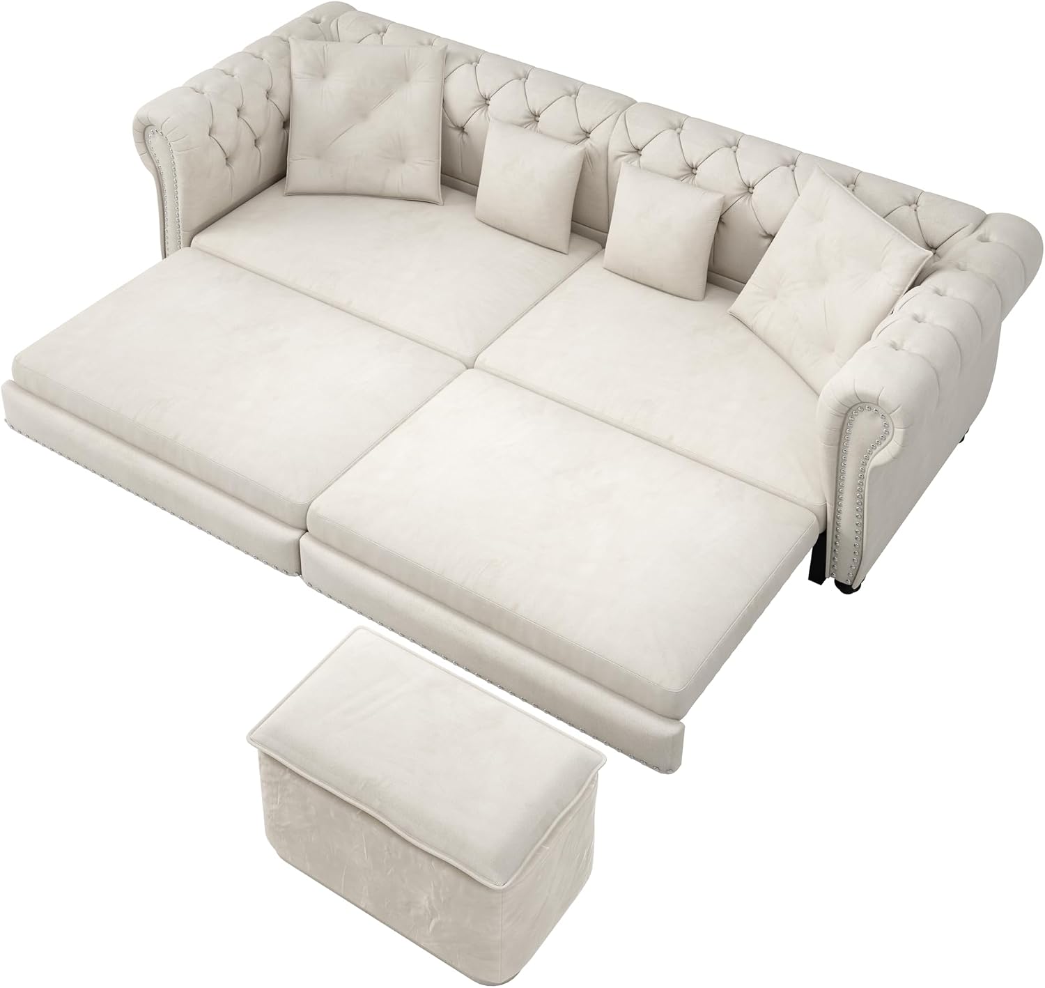 3 in 1 Oversized Chesterfield Loveseat Sofa Convertible Pull Out Sleeper Sofabed King Size Couch Bed w/Movable Ottoman and Nailhead Trim for Living Room Tufted Velvet Recliner Daybed Sofacama