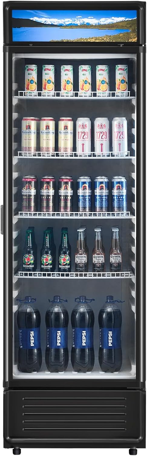 VEVOR Commercial Merchandiser Refrigerator, 13.3 CU.FT Glass Door Display Refrigerator, Beverage Cooler Merchandiser with Adjustable Shelves, Soft LED Light, Customizable Lightbox, Black