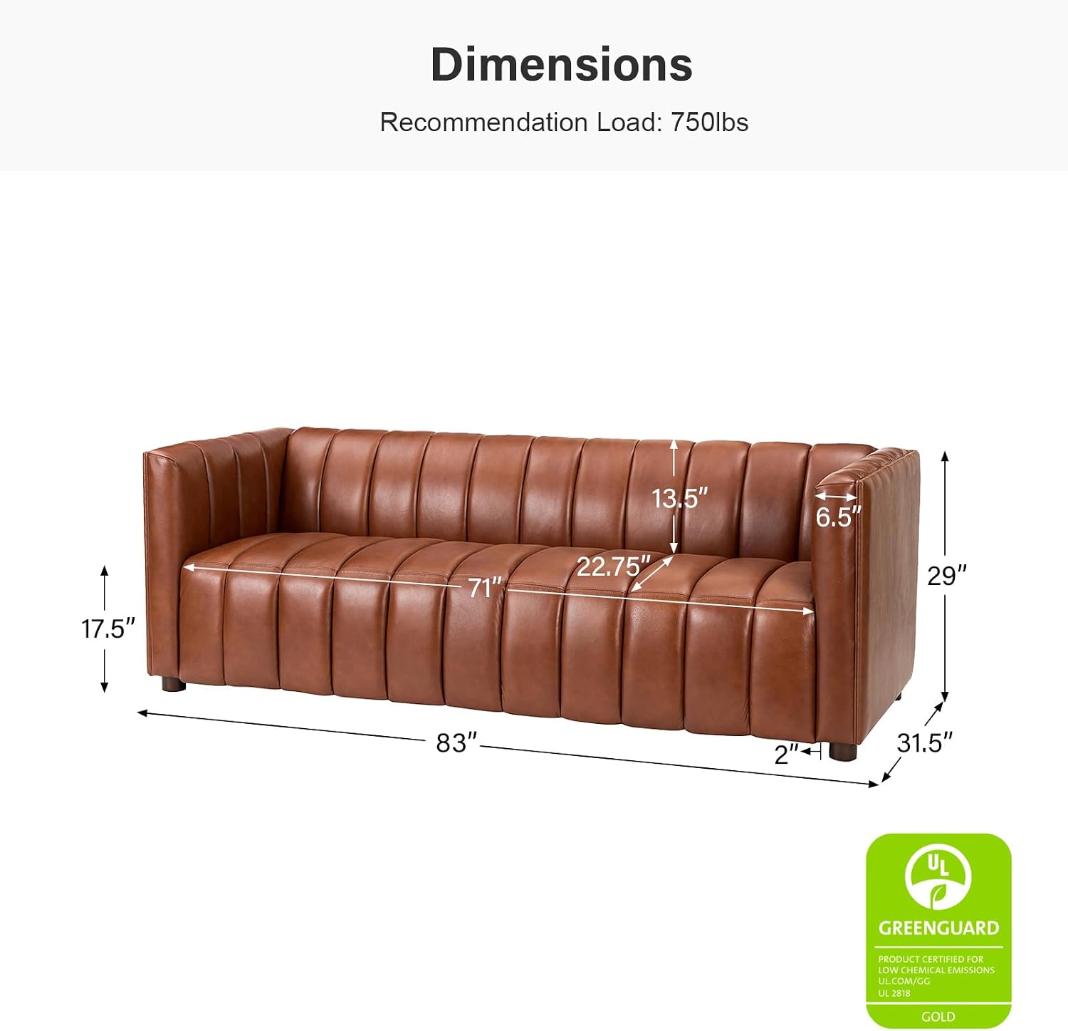 HULALA HOME 83' Genuine Leather Sofa with Channel Tufted Design, 3-Seater Sofa for Living Room Bedroom, Modern Oversized Couch with Wood Legs, Brown