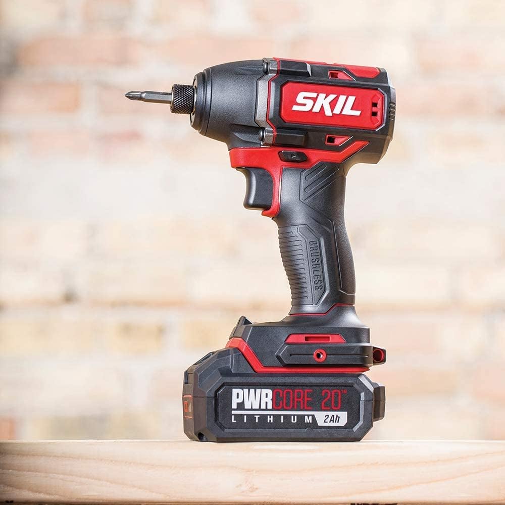 SKIL PWR CORE 20 Brushless 20V Drill Driver & Impact Driver Kit, Includes 2.0Ah Lithium Battery and PWR JUMP Charger - CB743701, Red