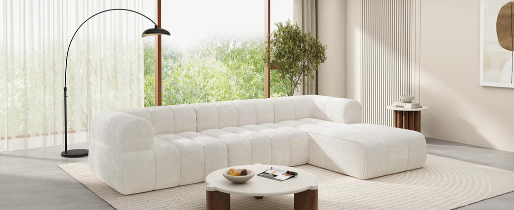 Christopher Knight Home Mania 122' Modular L-Shape Sofa Couch with Chaise Lounge, Modern Sectional Sofa Set for Living Room, Boucle Fabric Upholstered Cloud Couch with Deep Seat, Milky White