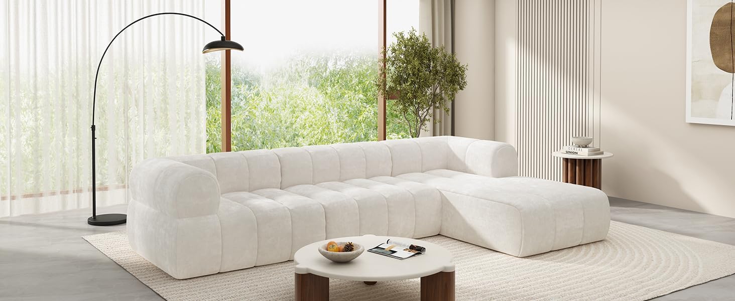 Christopher Knight Home Mania 122' Modular L-Shape Sofa Couch with Chaise Lounge, Modern Sectional Sofa Set for Living Room, Boucle Fabric Upholstered Cloud Couch with Deep Seat, Milky White