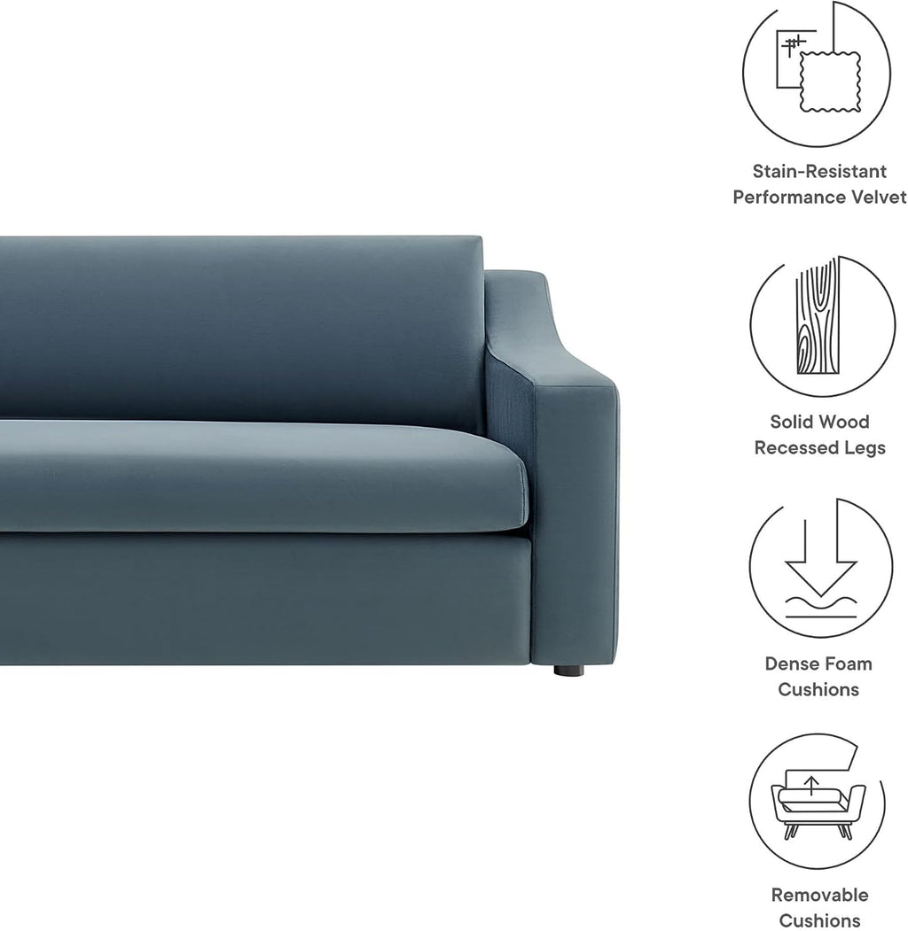 Modway Liora 87 Inch Stain-Resistant Performance Velvet Sofa in Cadet Blue - 3 Seater Upholstered Sofa Couch for Living Room Seating - Comfy Deep Seat Sofa with Scoop Arms