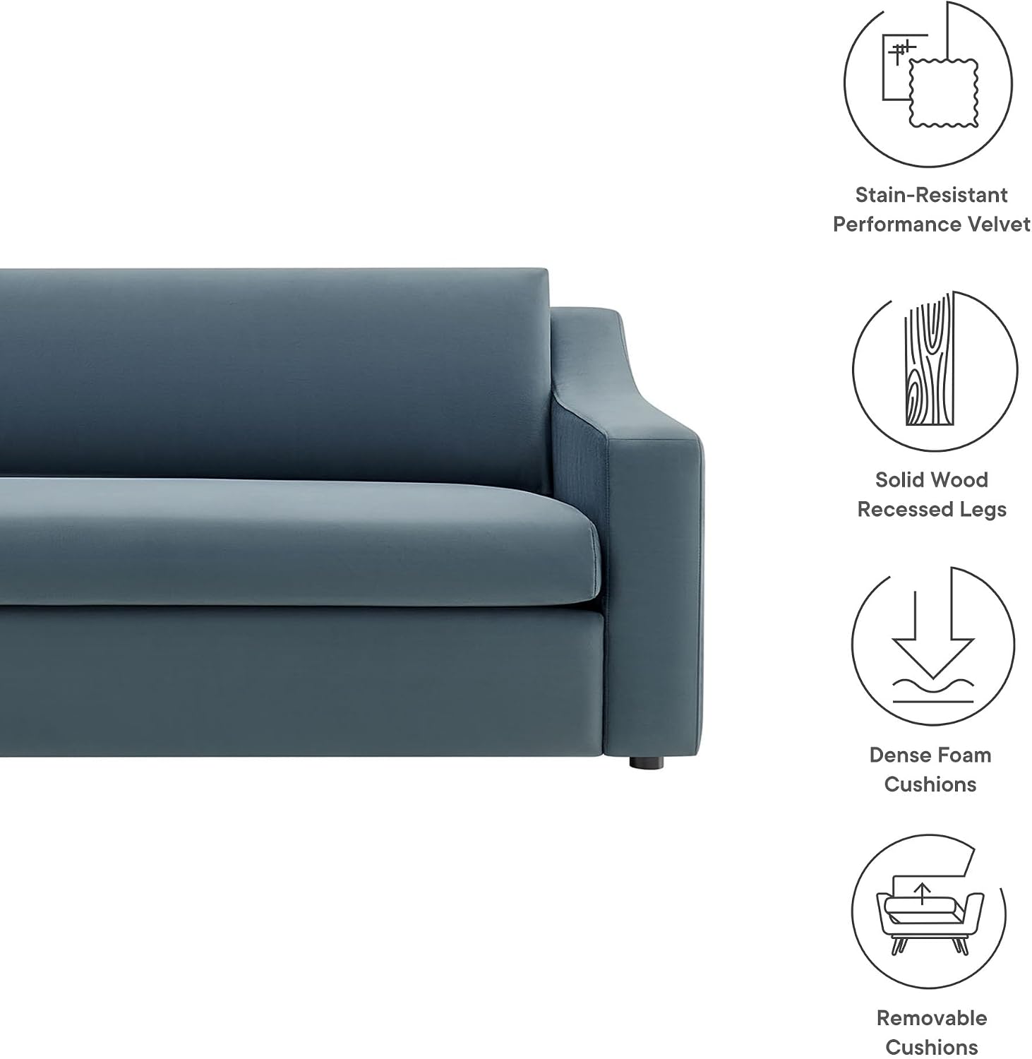 Modway Liora 87 Inch Stain-Resistant Performance Velvet Sofa in Cadet Blue - 3 Seater Upholstered Sofa Couch for Living Room Seating - Comfy Deep Seat Sofa with Scoop Arms