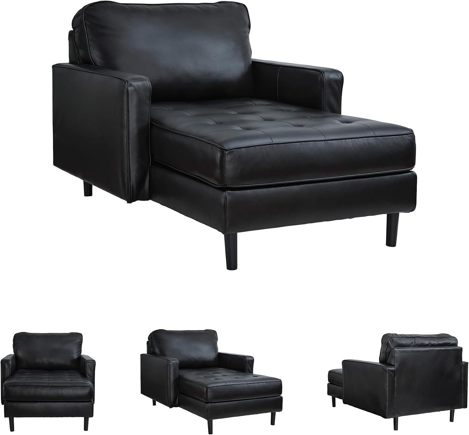 Signature Design by Ashley Bryceview Modern Tufted Leather Match Chaise with Loose Seat Cushion, Black