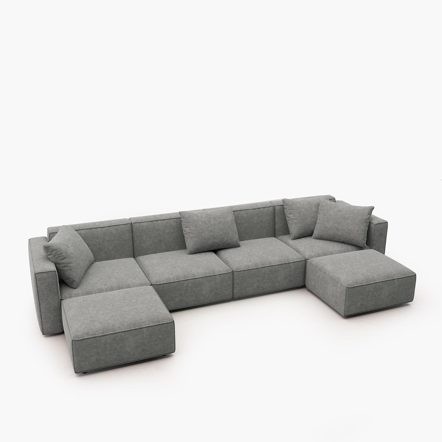 Acanva Luxury Modular Sectional Couch with Moveable Ottoman and Chaise, Modern Minimalist Style Sofa for Living Room, Apartments, U-Shape, Chenille Grey