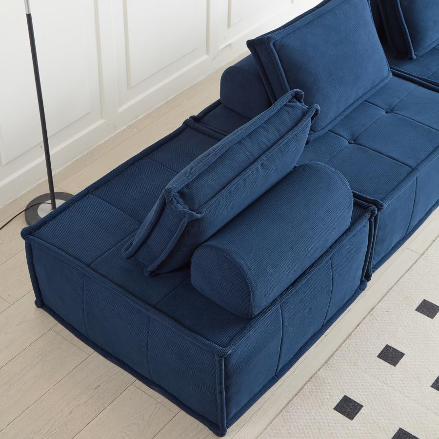 PurrJoys Modular Sectional Sofa, 3-Piece 105' Deep Seat Corduroy Lounge Sofa with Movable Cushions, Modular Couch for Small Spaces, Living Room, Bedroom, Apartment, Office - Blue