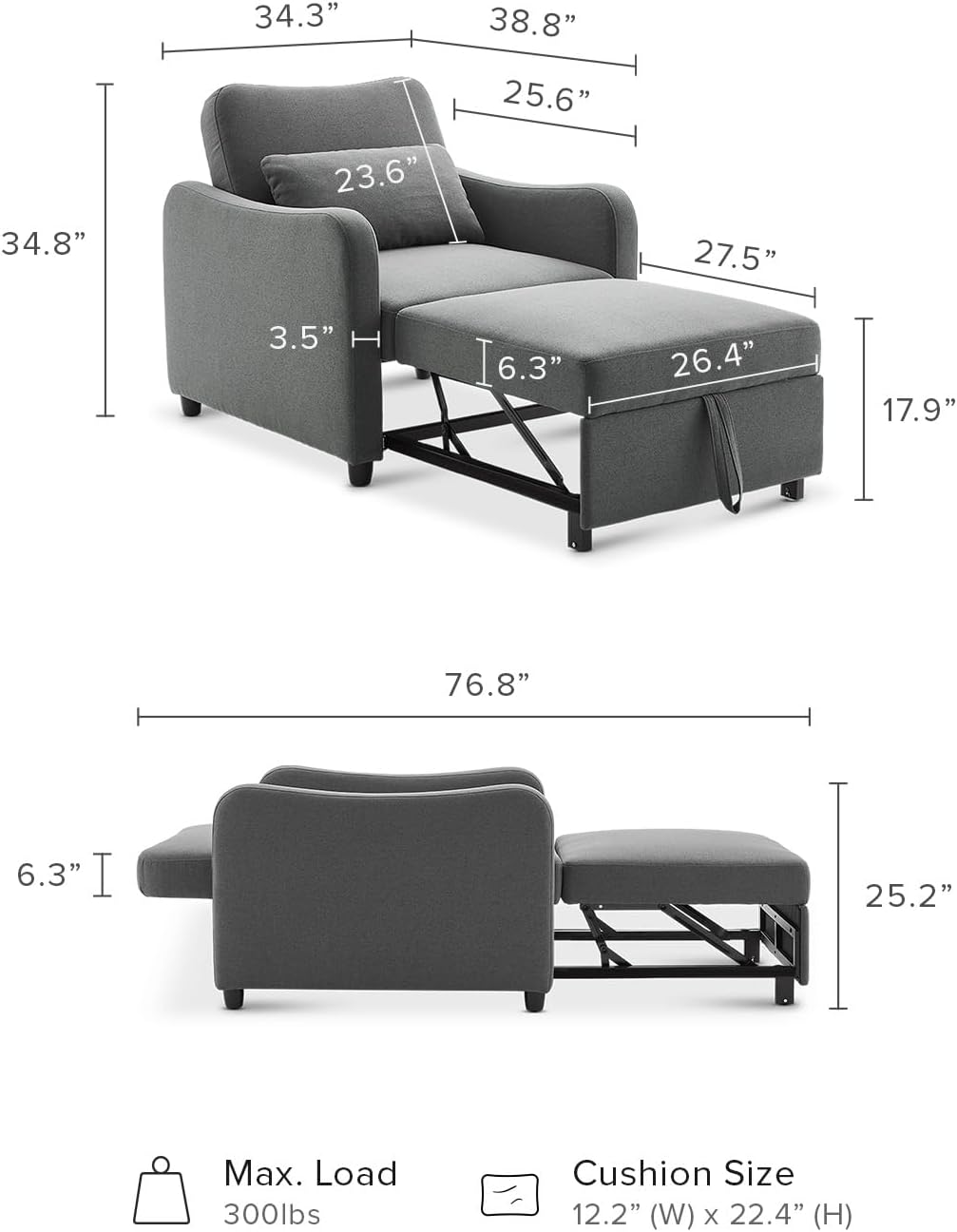 mopio Sophie 4-in-1 Convertible Sleeper Chair Bed, Accent Chair, Chaise Lounge, Comfy Reading Armchair, Pull Out Sofa Bed with Adjustable Backrest for Living Room, Bedroom (Dark Gray Fabric)